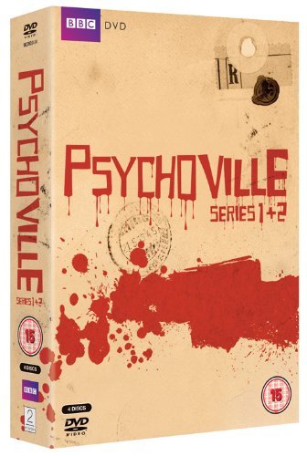 DVD case for "Psychoville Series 1+2" with red splatter design on beige background.