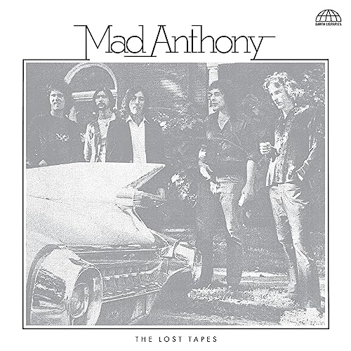 Black and white album cover featuring a band and classic car.