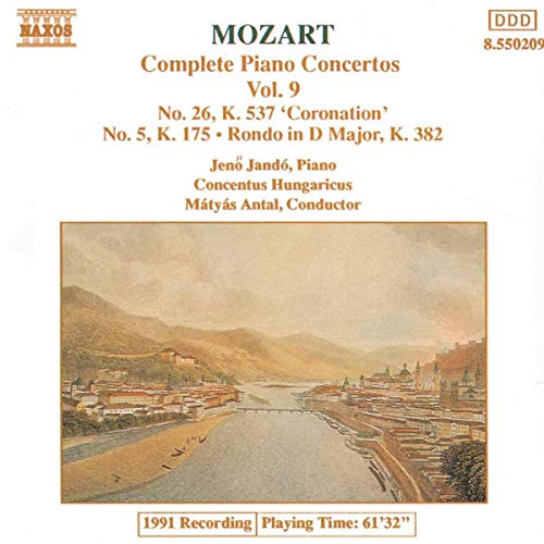 CD cover for Mozart piano concertos, volume 9, with a landscape painting.