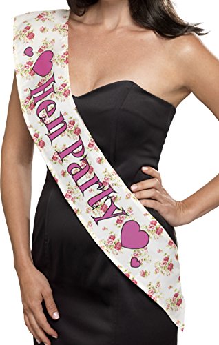 Woman wearing a white "Hen Party" sash with pink hearts and floral pattern.