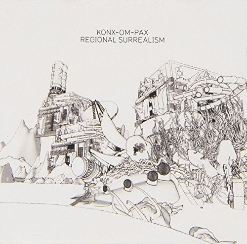 Black and white line drawing of a complex, surreal industrial landscape.