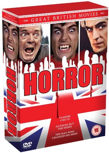 DVD case with red, white, and blue design and "HORROR" in large red letters.