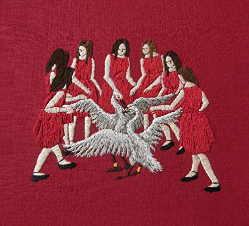 Red album cover featuring embroidered image of women in red dresses and a swan.