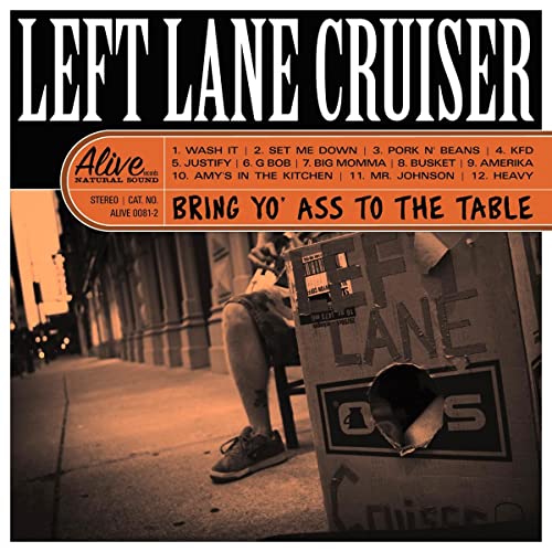 Album cover for Left Lane Cruiser featuring a person playing a makeshift box guitar.