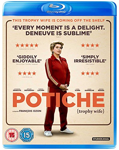 Blu-ray cover for “Potiche” featuring Catherine Deneuve in a red tracksuit.