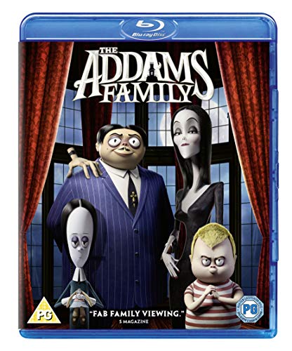 The Addams Family animated movie Blu-ray cover featuring Gomez, Morticia, Wednesday, and Pugsley.
