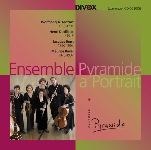 "CD cover featuring Ensemble Pyramide musicians with instruments, pink and green background."