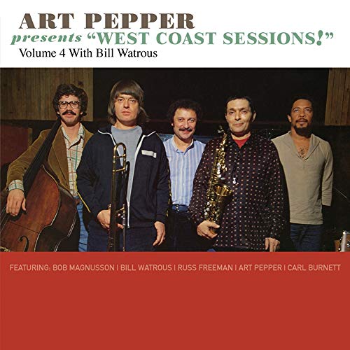 "Jazz album cover featuring five musicians standing together, holding instruments, in a studio."