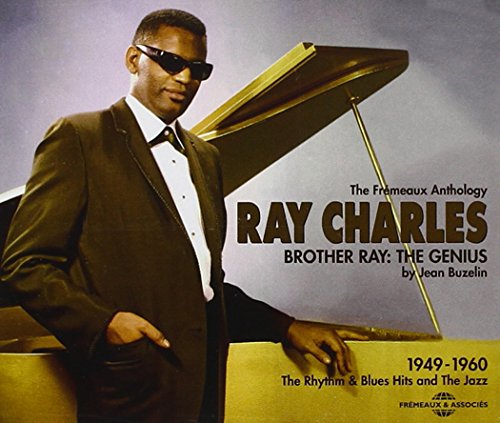 "Album cover featuring Ray Charles standing beside a piano, wearing sunglasses and a suit."