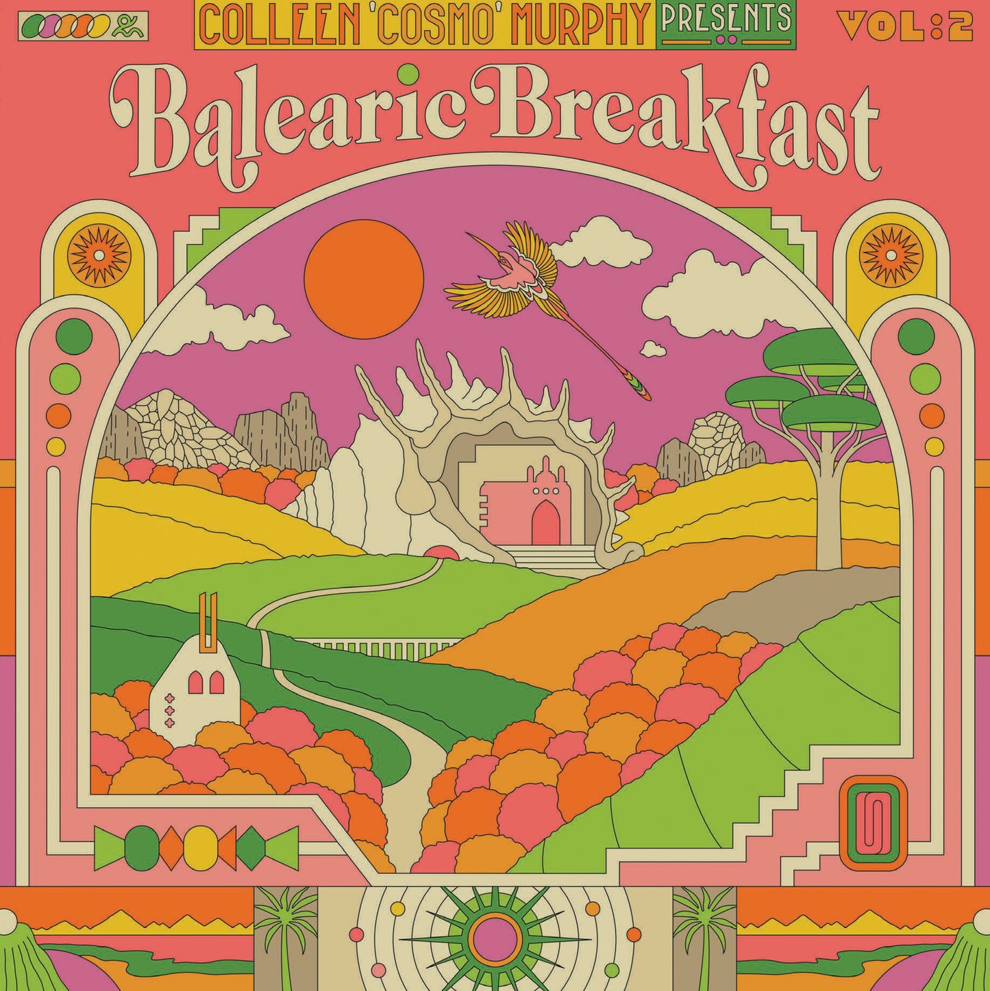 "Album cover with colorful, psychedelic landscape illustration and 'Balearic Breakfast' title."