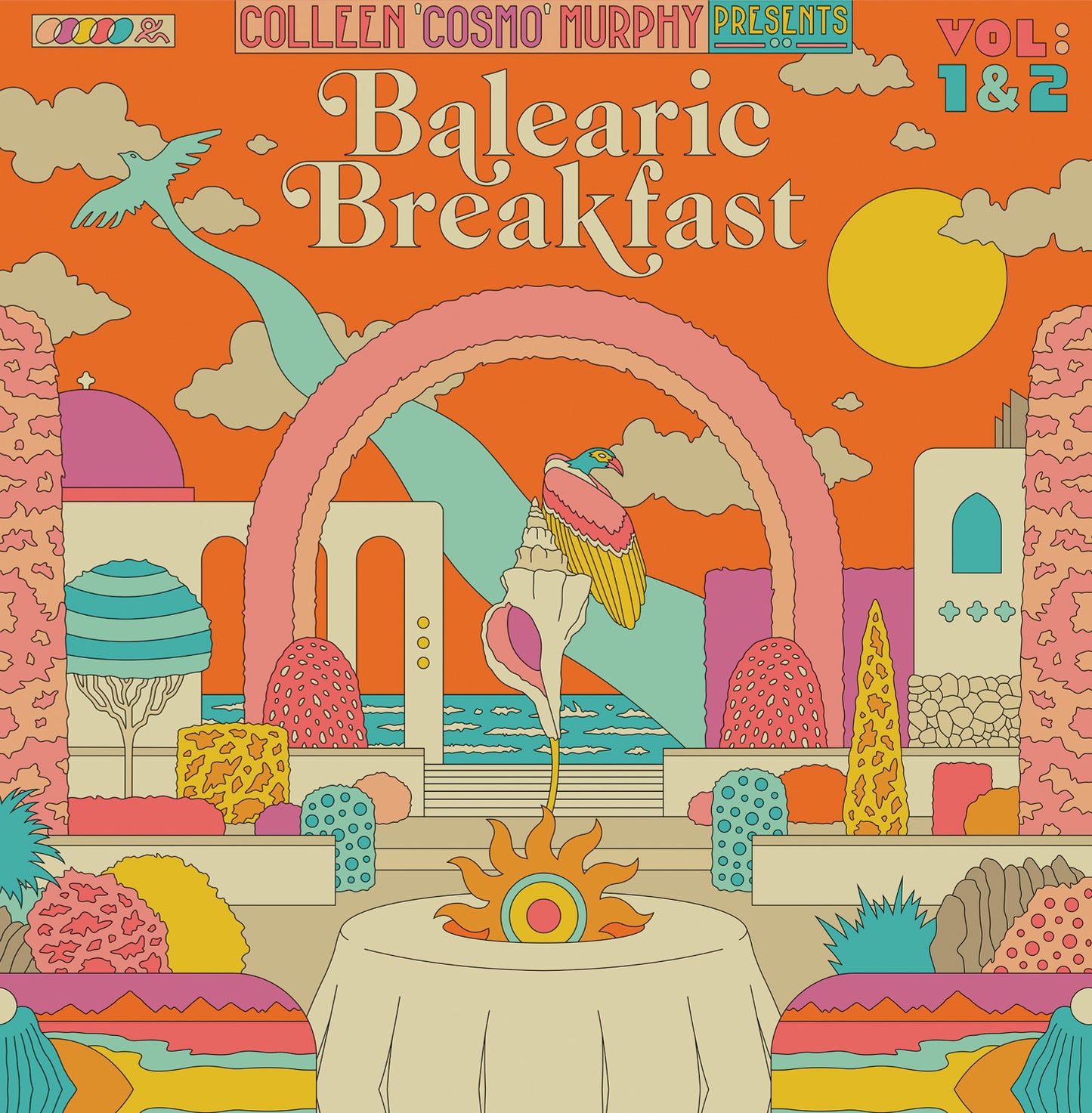 "Vibrant orange album cover with abstract landscape, birds, and 'Balearic Breakfast' text."