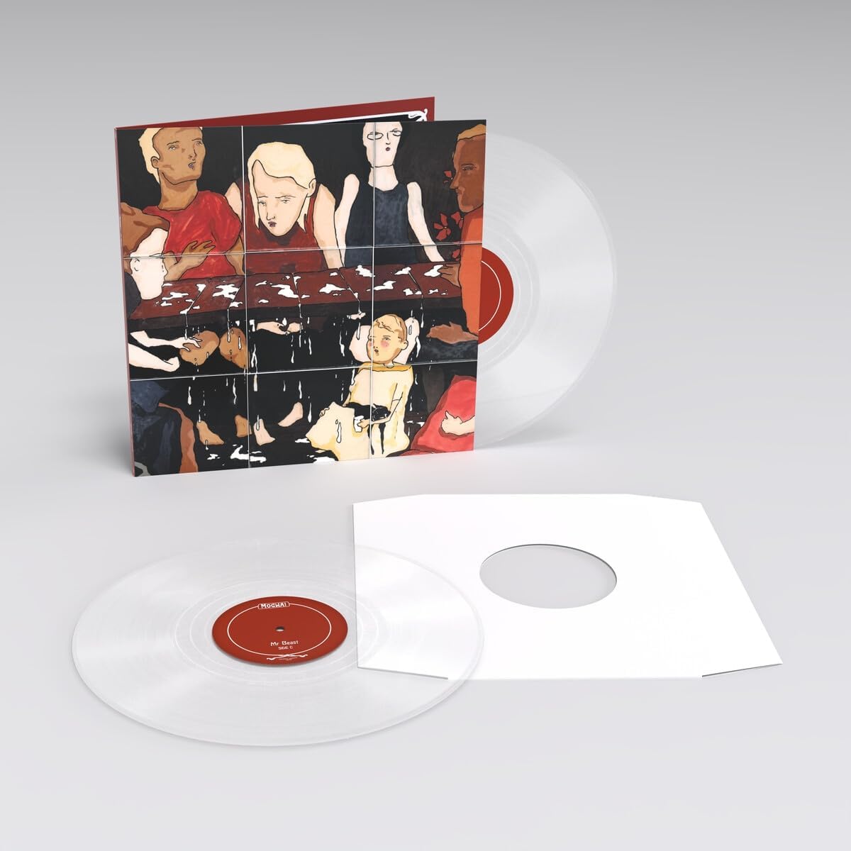 "Clear vinyl records with red labels and illustrated album cover featuring multiple people."