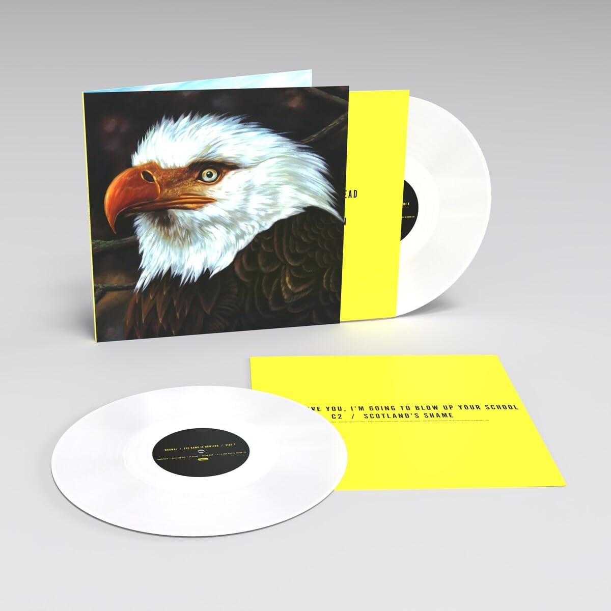 "White vinyl records with a sleeve featuring a bald eagle's head."