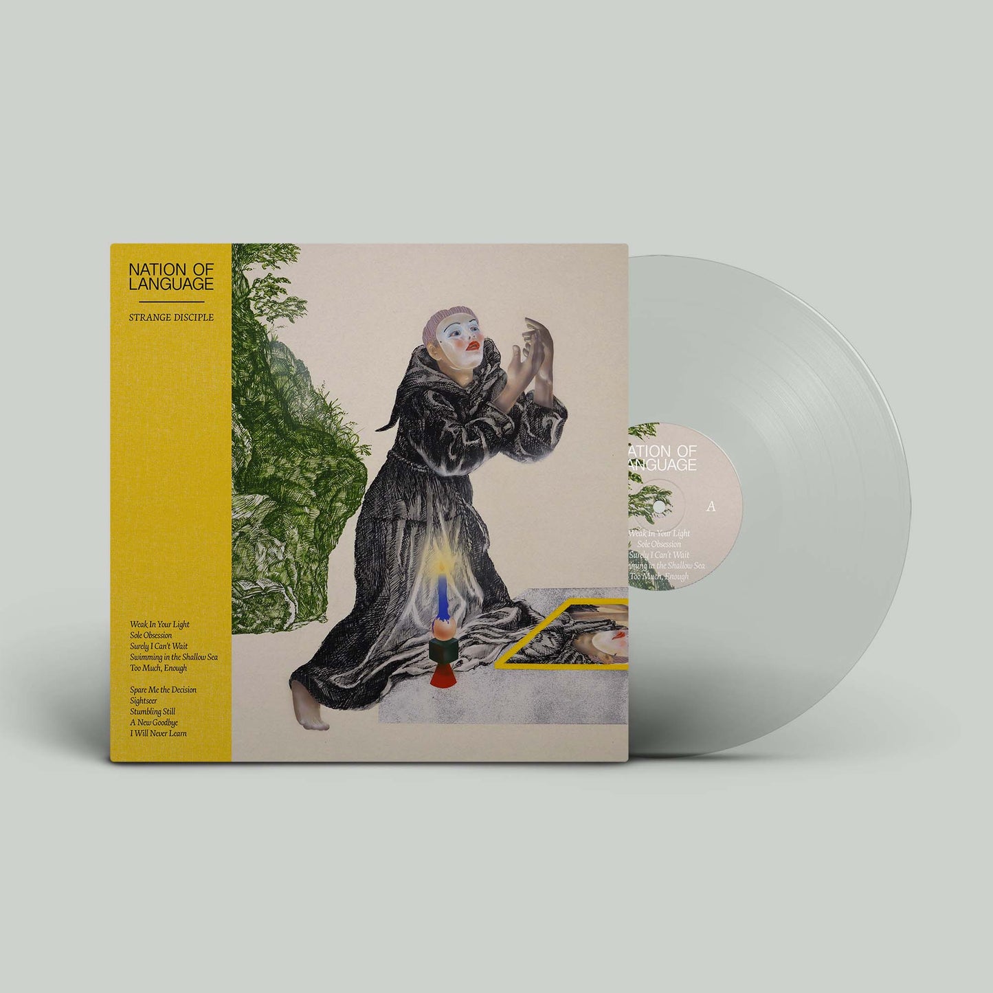 "Clear vinyl record with album cover featuring a person in a black robe."