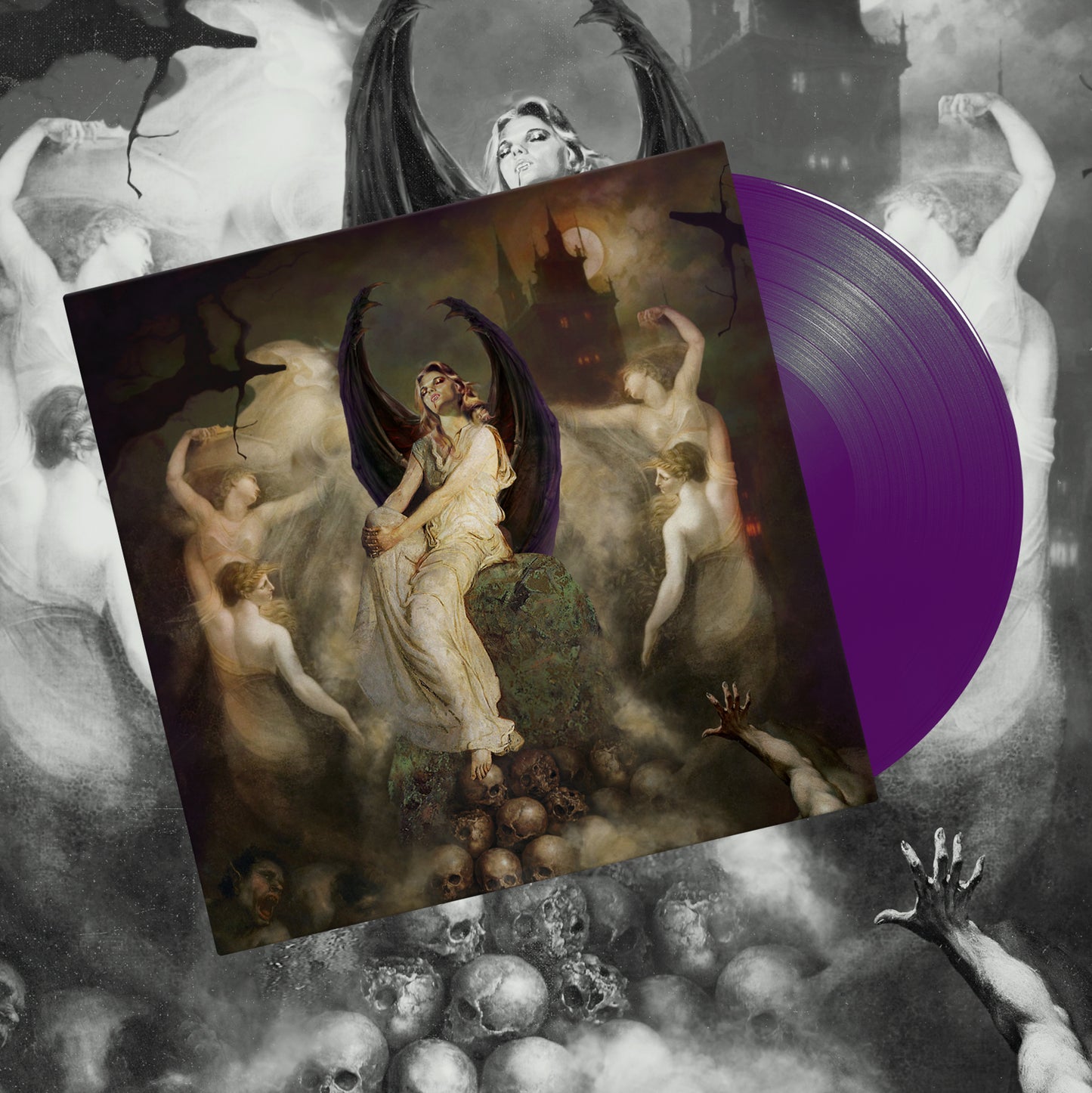 A dark, gothic album cover featuring a winged woman surrounded by nude figures and skulls.