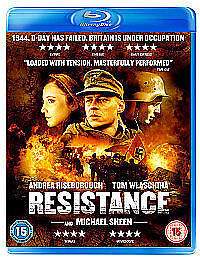 Blu-ray cover for “Resistance” featuring actors amidst wartime imagery.