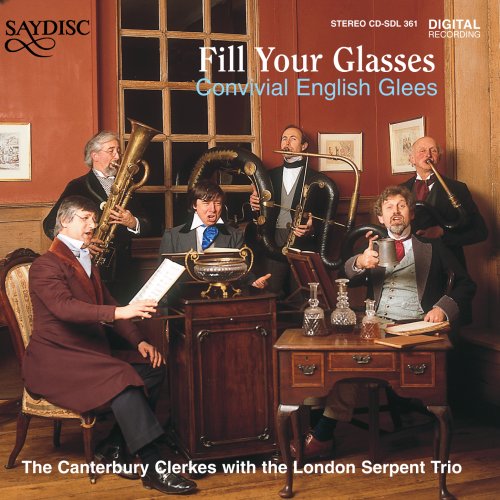 "CD cover art featuring men in suits playing musical instruments in a room."