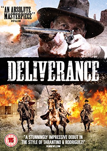 Deliverance DVD cover: man with gun, river rafters, fiery landscape.