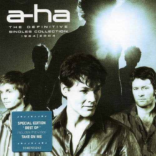 "CD cover with a-ha band members in black and white, blue sticker on corner."
