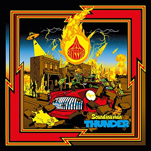 Album cover for Drippers’ “Scandinavian Thunder” with a fiery, chaotic scene.