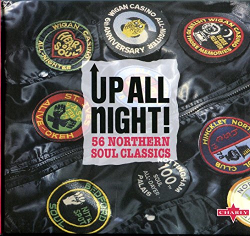 "Black leather jacket with various colorful patches and text overlay reading 'Up All Night!'".