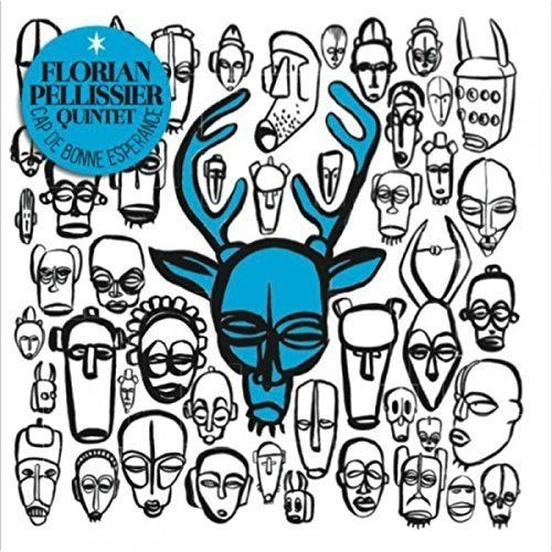 "Album cover with blue deer head surrounded by various black masks on a white background."