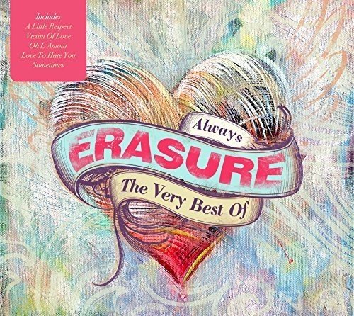 "Album cover with 'ERASURE' in white on red ribbon, multicolored abstract background."
