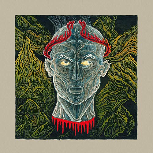 Painted image of a pale, distressed human head with red details.