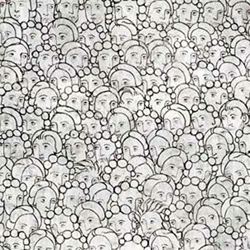 The image depicts a black-and-white pattern of cartoon faces and bubbles. An appropriate alt text for this image could be: "Black and white pattern of cartoon faces surrounded by bubbles."