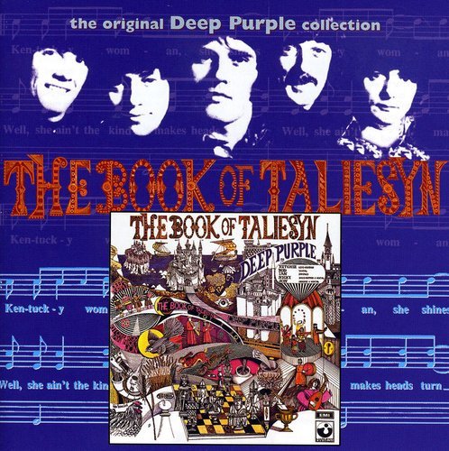"Deep Purple album cover with blue background, band members' faces, and abstract cityscape illustration."