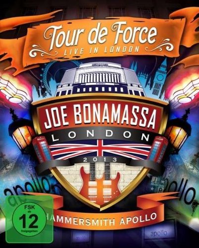 "Joe Bonamassa concert DVD cover featuring a guitar and Hammersmith Apollo building illustration."