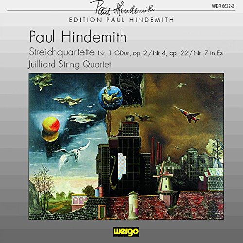 CD cover with surreal cityscape and flying objects, featuring Paul Hindemith's string quartets.