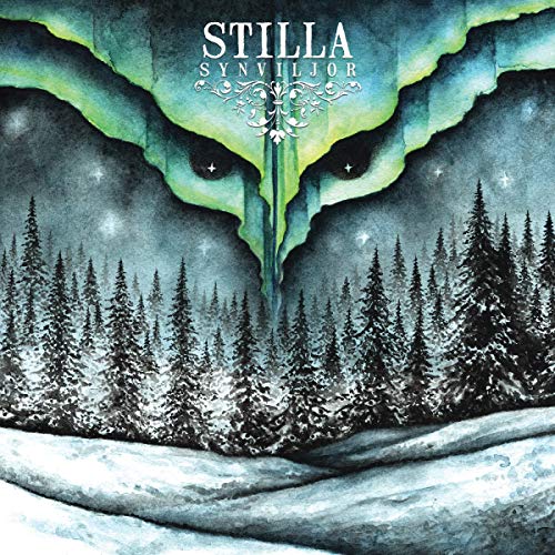 Album cover for Stilla’s “Synviljor” featuring a forest and aurora borealis.