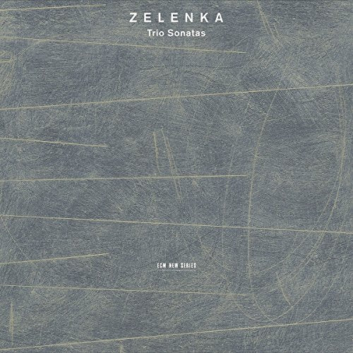 A grey-blue album cover with "Zelenka Trio Sonatas" text and faint yellow lines.