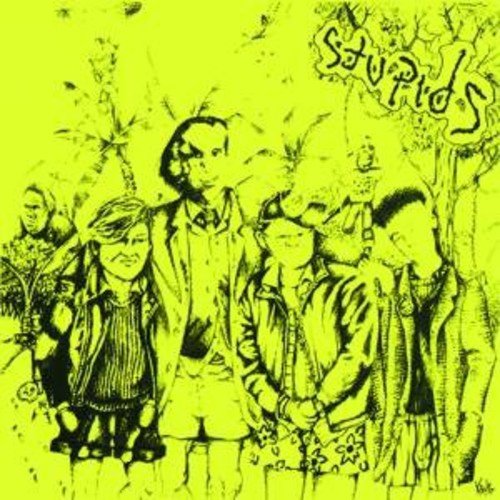 Black and white sketched CD cover featuring a band and tropical foliage.