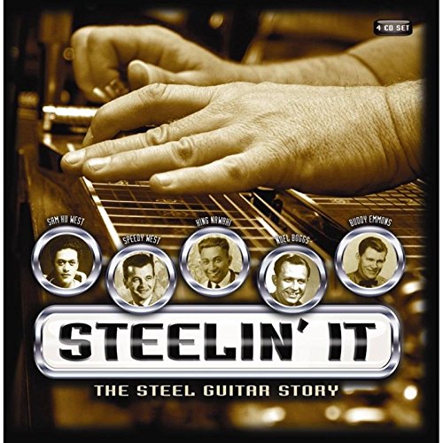 "CD cover featuring a hand playing a steel guitar and five musician portraits."