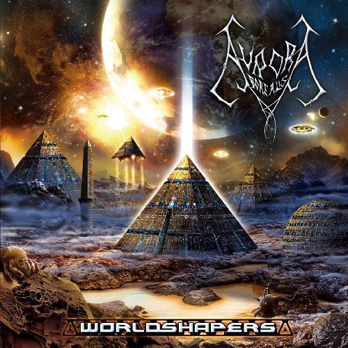 CD cover: Pyramids, planets, and a stylized band logo in space.
