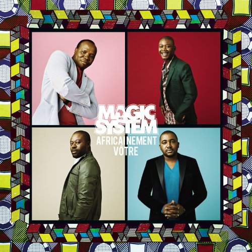"Album cover featuring four men in different poses against a geometric patterned background."