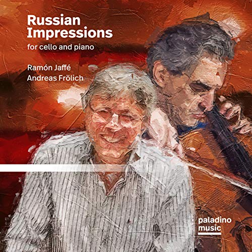 "CD cover featuring two musicians, a cellist and pianist, with red abstract background."