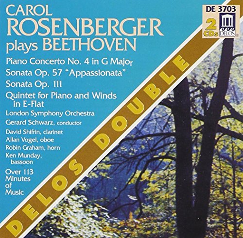 "CD cover with blue background, trees, and 'Carol Rosenberger plays Beethoven' in white text."