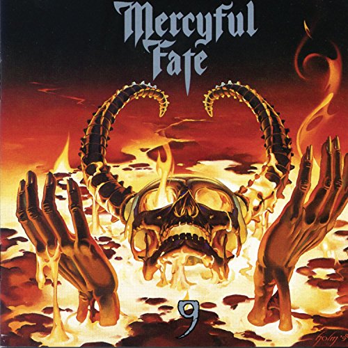 "Album cover art featuring a burning skull with skeletal hands, against a fiery red background."