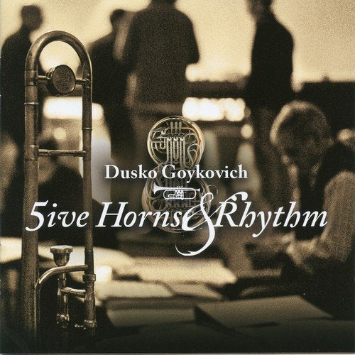 "CD cover featuring a trumpet and French horn with musicians in the background."