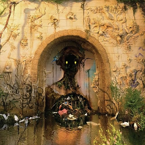 Stone archway framing a shadowy, plant-covered figure in water.