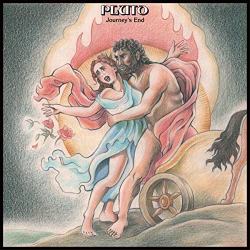 A man in a chariot abducts a woman, album cover art, "Pluto - Journey's End".