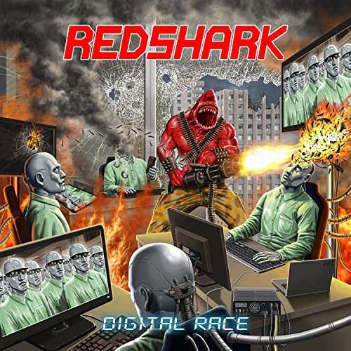 CD cover: robotic shark with machine gun amidst digital chaos and explosions.