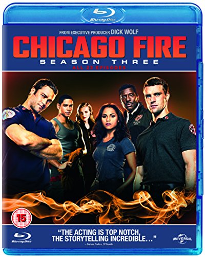 "Blue-ray case cover featuring 'Chicago Fire Season Three' with five firefighters and flames."