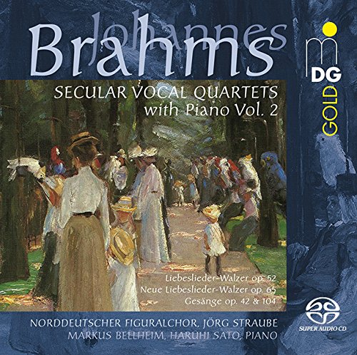 "Brahms CD cover featuring a painting of people in a forest."