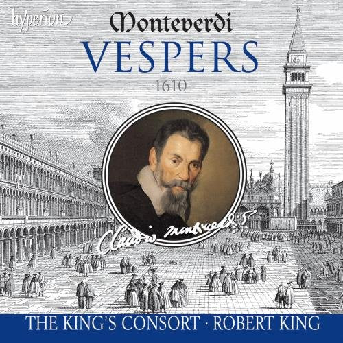 "CD cover with Monteverdi portrait and St. Mark's Square illustration."