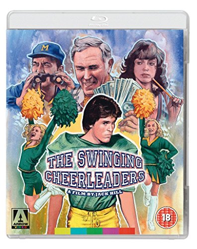 "Blu-ray case for 'The Swinging Cheerleaders' film, featuring a colorful cartoon cover."