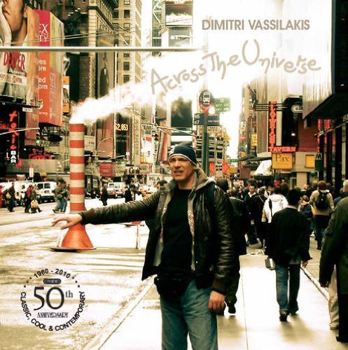 "Album cover with a man standing on a busy city street, gesturing."
